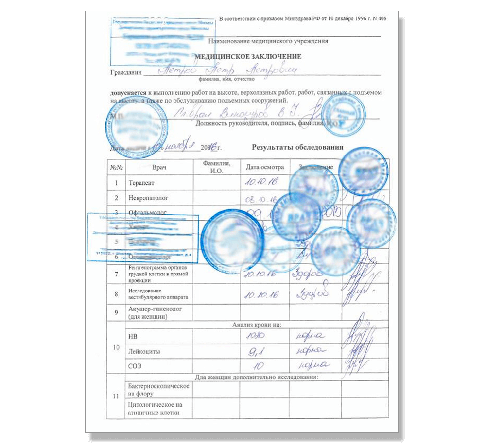 Медицинская справка формы 405 для работы на высоте купить в Москве